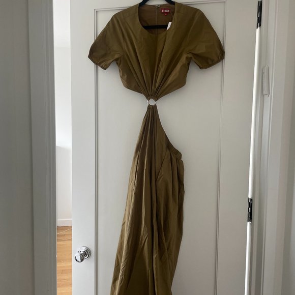 Staud Calypso Cut-out Waist Midi Dress Medium Caper Green Puff Short Sleeve - Picture 7 of 12